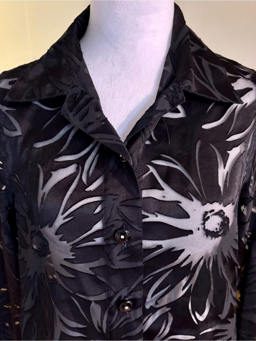 TanJay Sheer Black Floral Organza Blouse with Rhinestone Buttons, Petite Size 6 - Picture 2 of 9